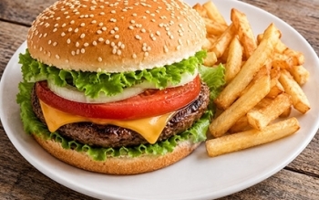 plate with a cheese burger and fries